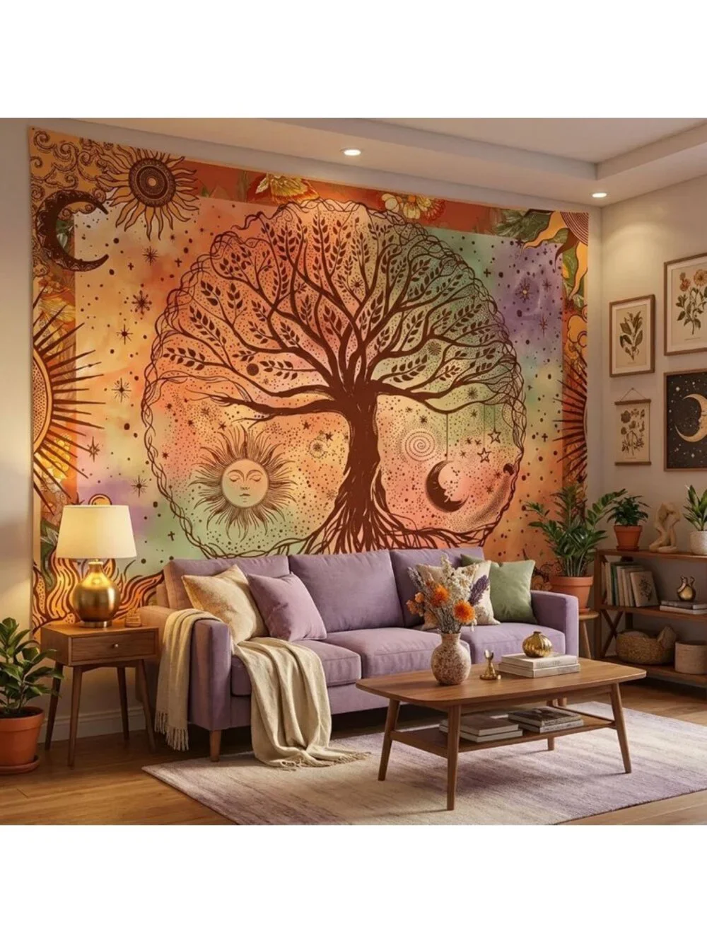 Boho Orange Tree of Life Tapestry - Sun Moon Stars Aesthetic Home Decor, 60x80